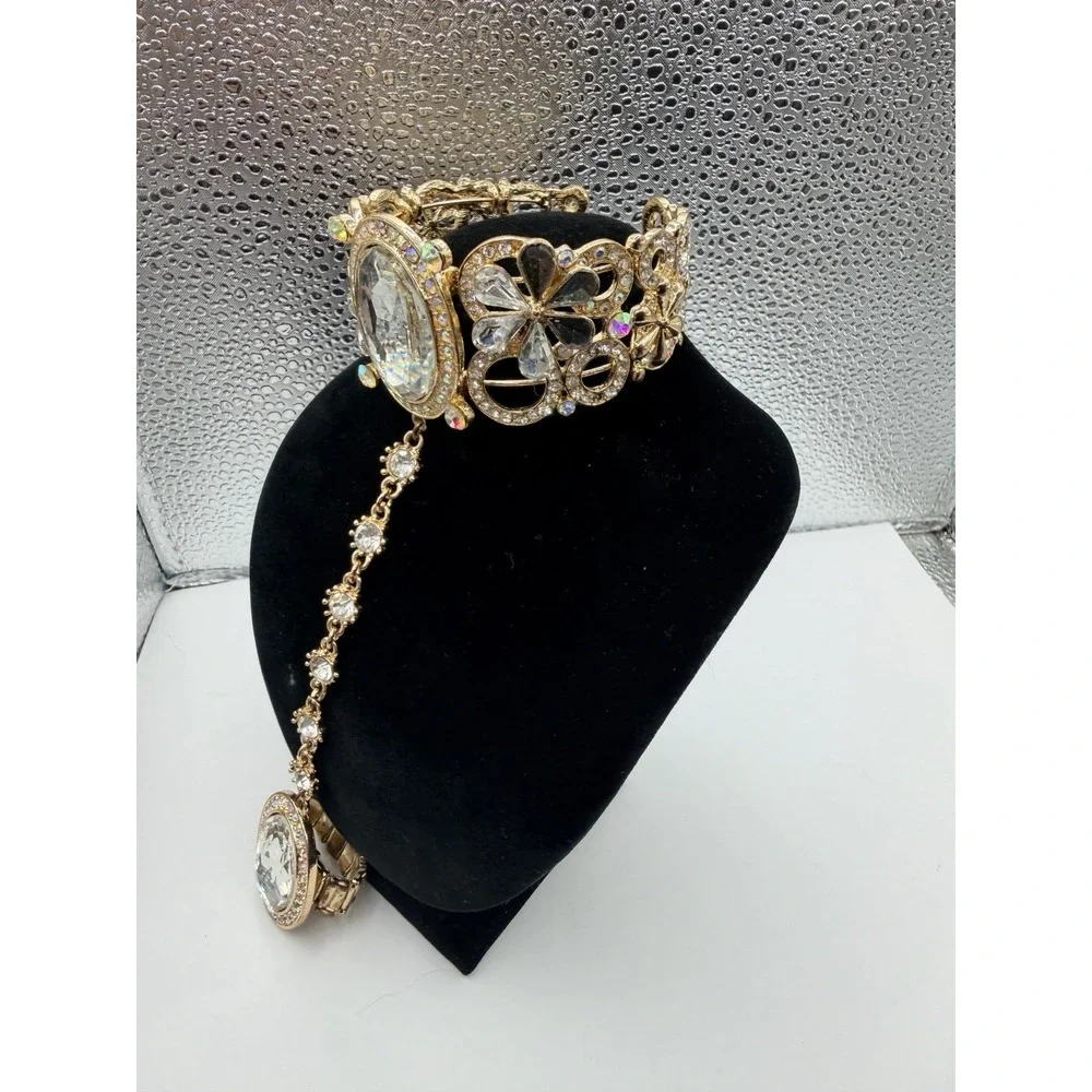 Gold Tone Crystal Oval Stretch Bracelet w Ring sparkling floral rhinestone Prom